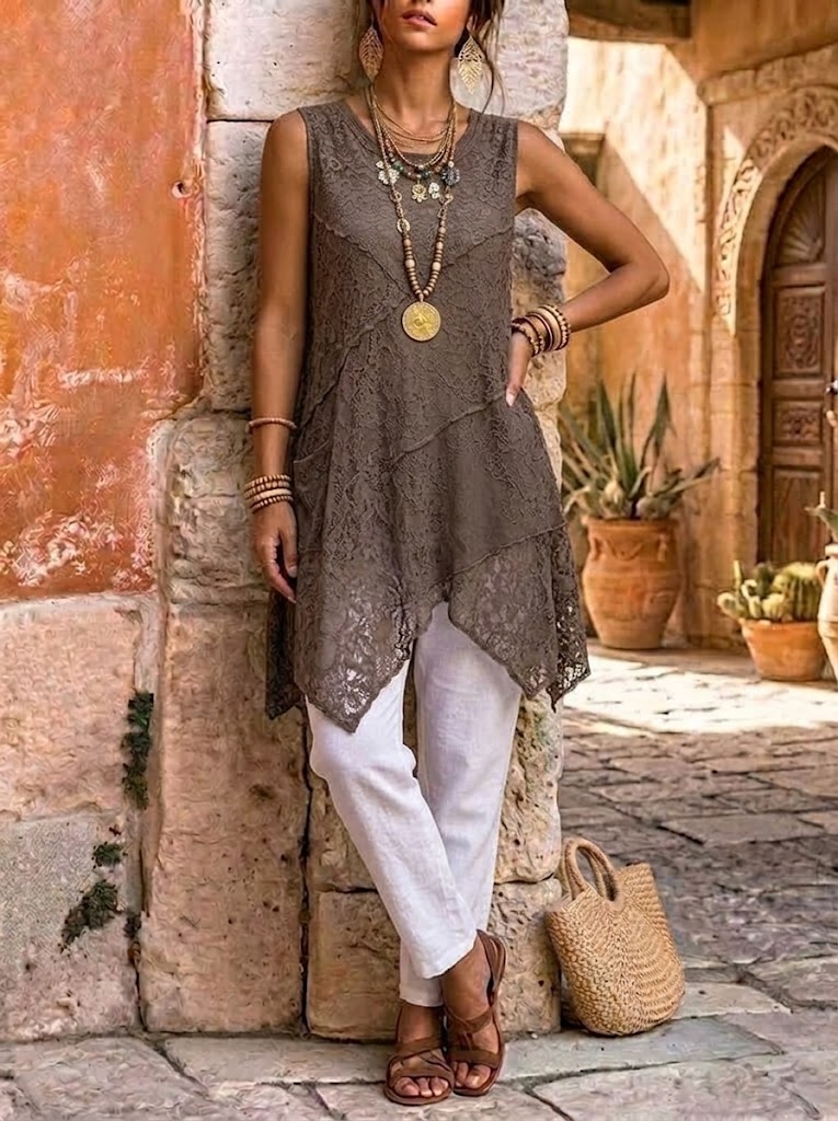 Women's Dark Brown Asymmetrical Lace Tunic