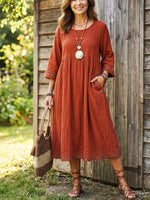 Women’s Embroidered Trim Gathered Waist Cotton Midi Dress With Pockets