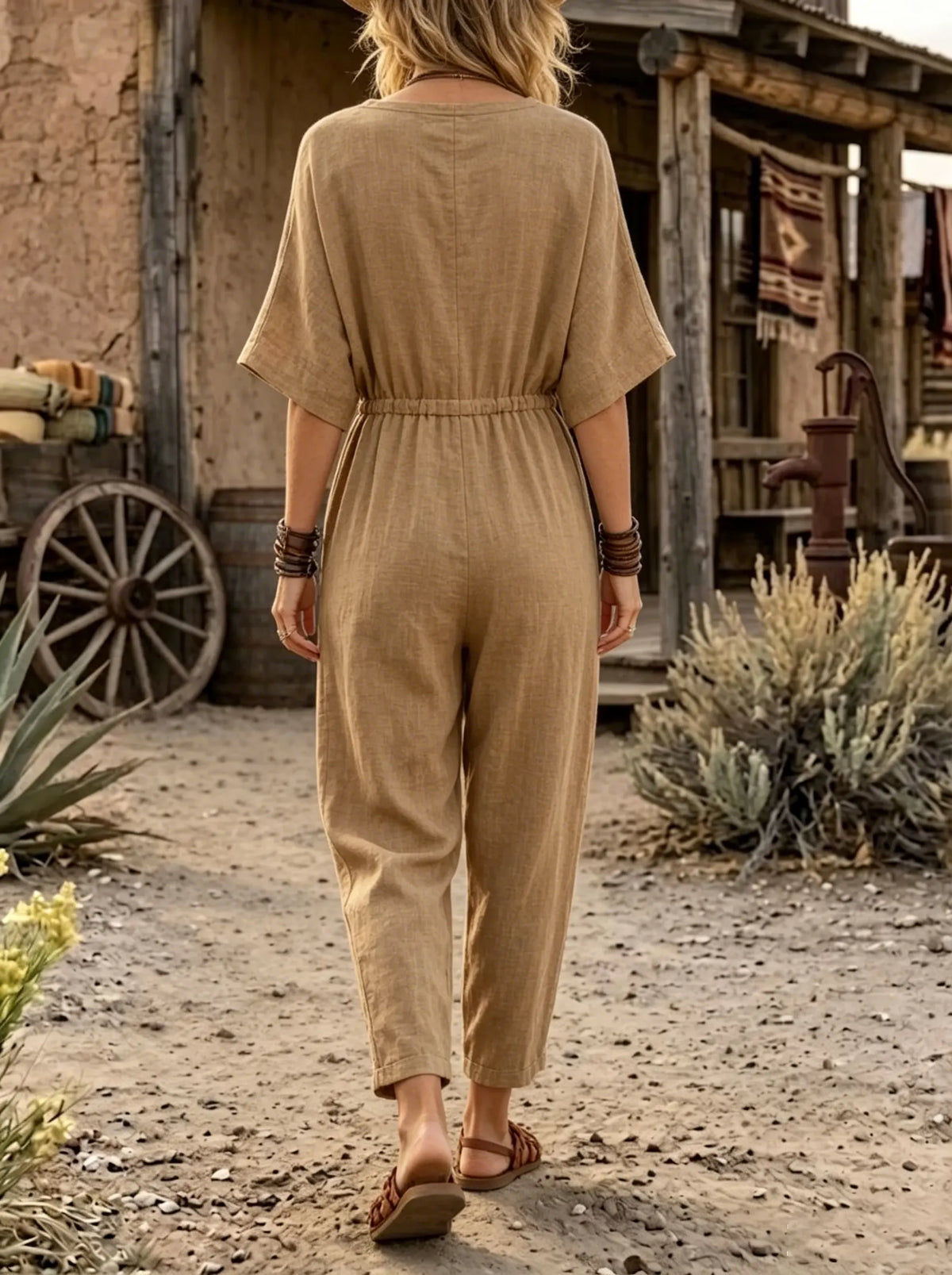 Linen V Neck Short Sleeve Elastic Waist Pocket Jumpsuit