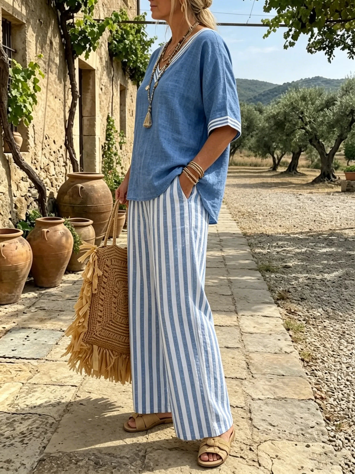 Women's V-Neck Top and Striped Pants Set