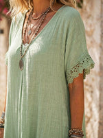 Women’s V Neck Lace Short Sleeve Cotton Linen Maxi Dress