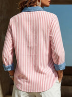 Women's Color-block Striped Shirt Featuring A Minimalist, Chic Style, Spliced collar, And Loose Fit