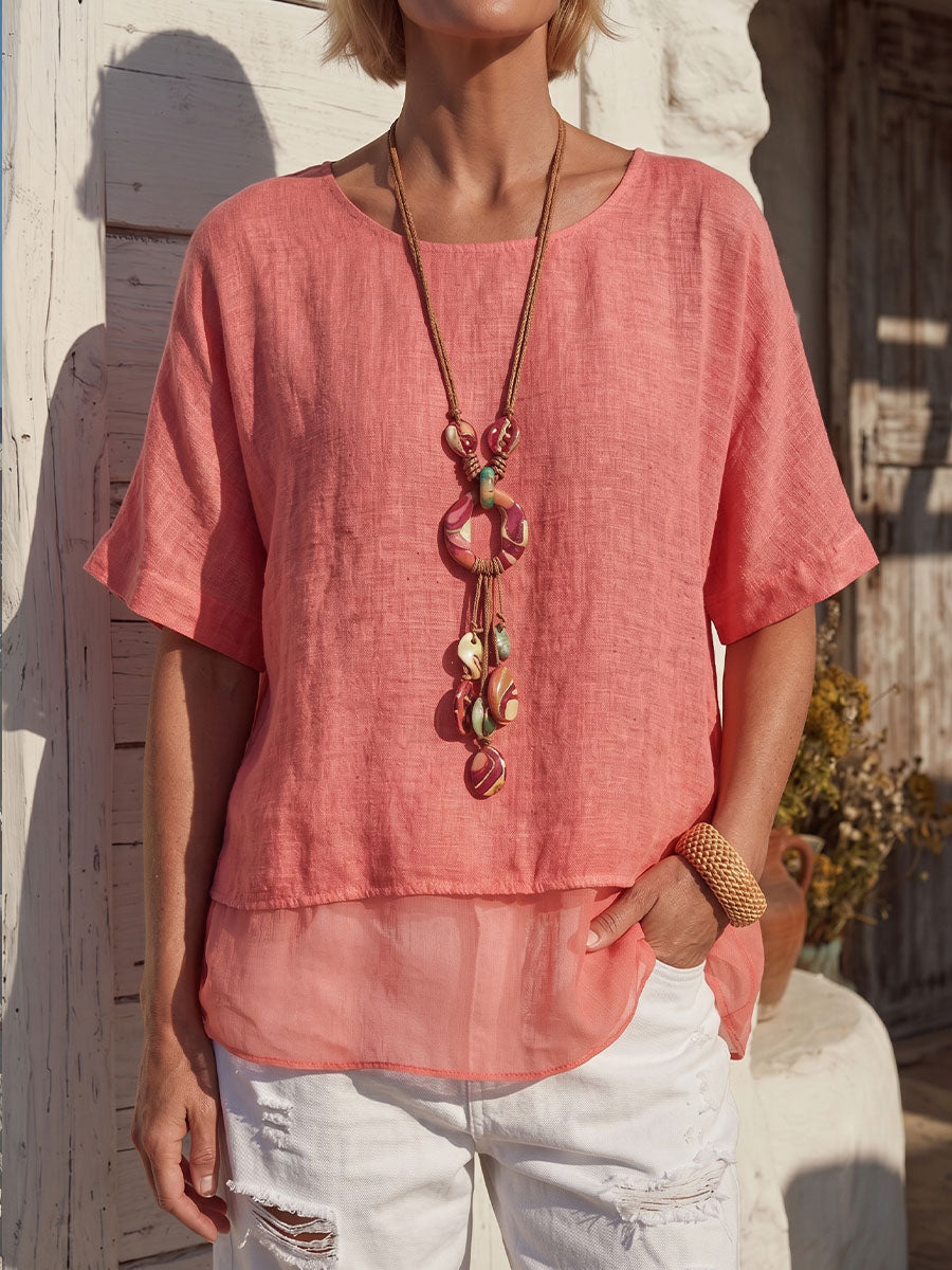 Vintage Art Comfortable Summer Fabrics Cotton Linen Patchwork Shirt