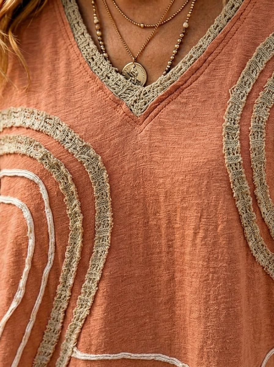 Women’s Rust Color V-Neck Fringe Embroidery 3/4 Sleeve Boho Blouse