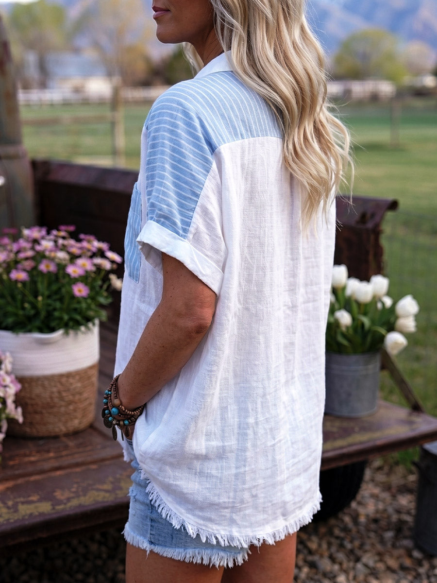 Vintage Art Comfortable Summer Fabrics Striped Patchwork Cotton Linen Blend Shirt