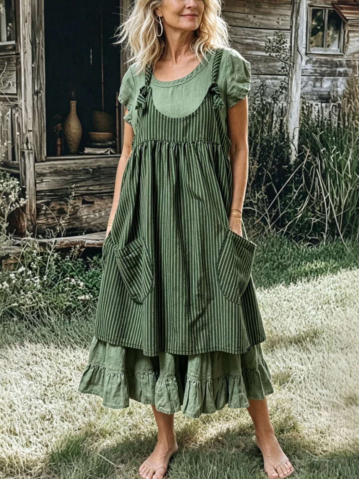 Women’s Casual Cotton Striped Sleeveless Pocket Vest Dress And Round-neck Short-sleeve Maxi Dress