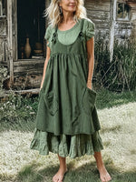 Women’s Casual Cotton Striped Sleeveless Pocket Vest Dress And Round-neck Short-sleeve Maxi Dress