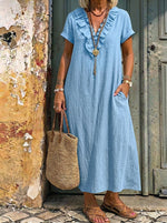 Women’s Ruffle V Neck Cuffed Short Sleeve Cotton Linen Midi Dress With Pockets