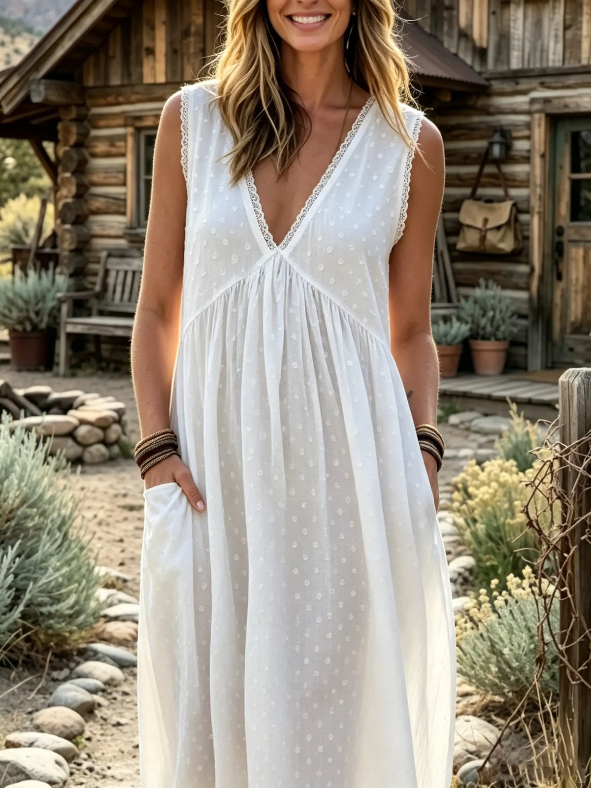 Women's Solid Swiss Dot Lace Trim Sleeveless Pocket Dress