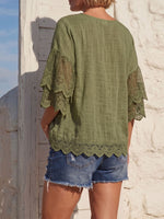 Vintage Art Comfortable Summer Fabrics Cotton Linen Blend Patchwork Lace Shirt