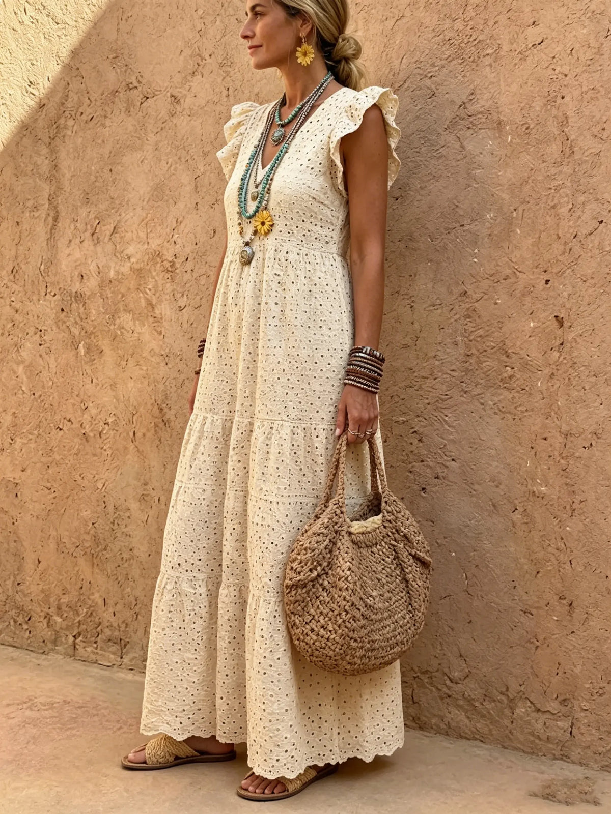 Women's Vintage Eyelet Ruffle Maxi Dress