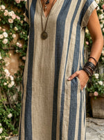 Women's Vertical Stripe V-neck Cap Sleeve Linen Maxi Kaftan Dress With Pockets