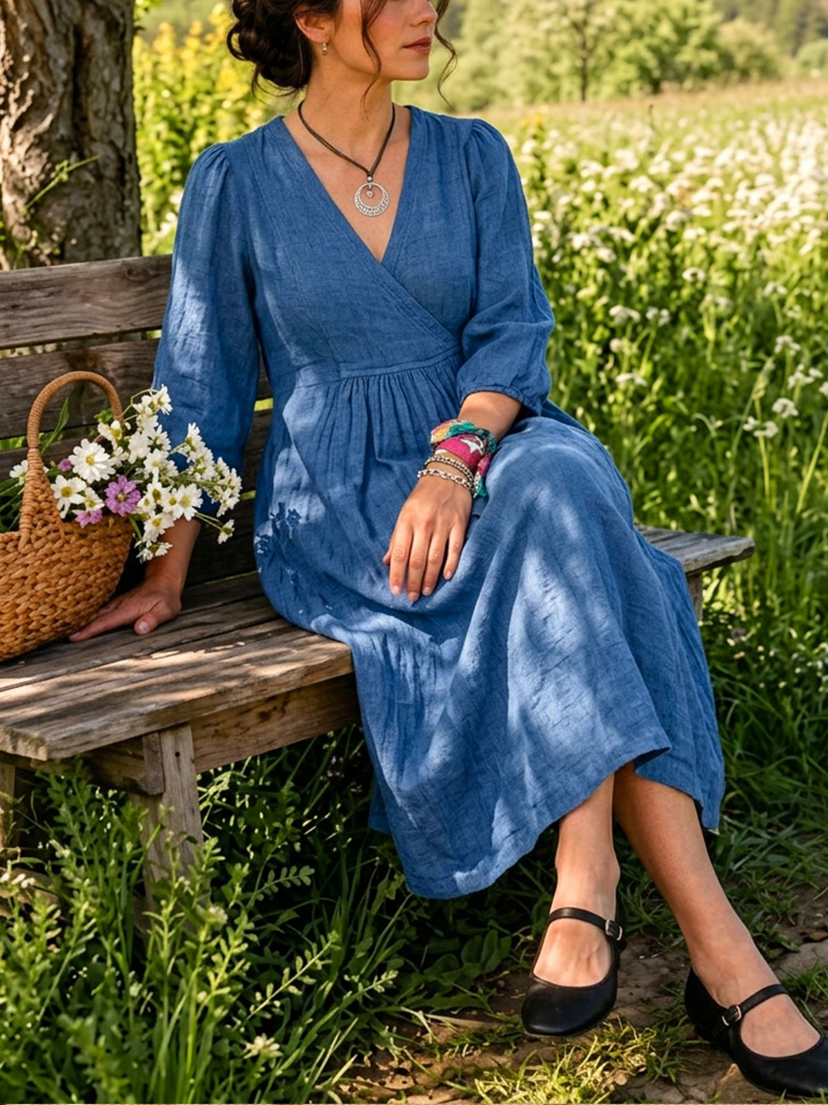 Women’s Casual Cotton V-neck Pocket Maxi Dress