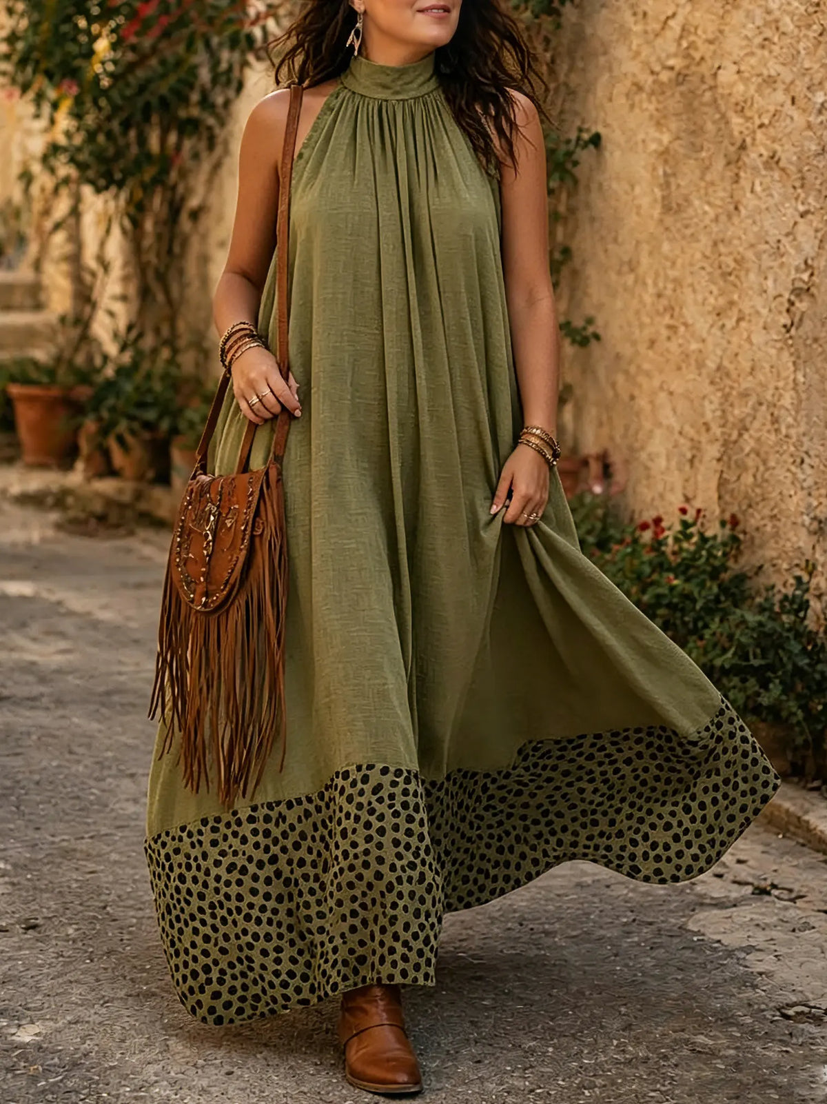 Women's Polka Dot Patchwork Solid Halter Flowy Maxi Vacation Dress