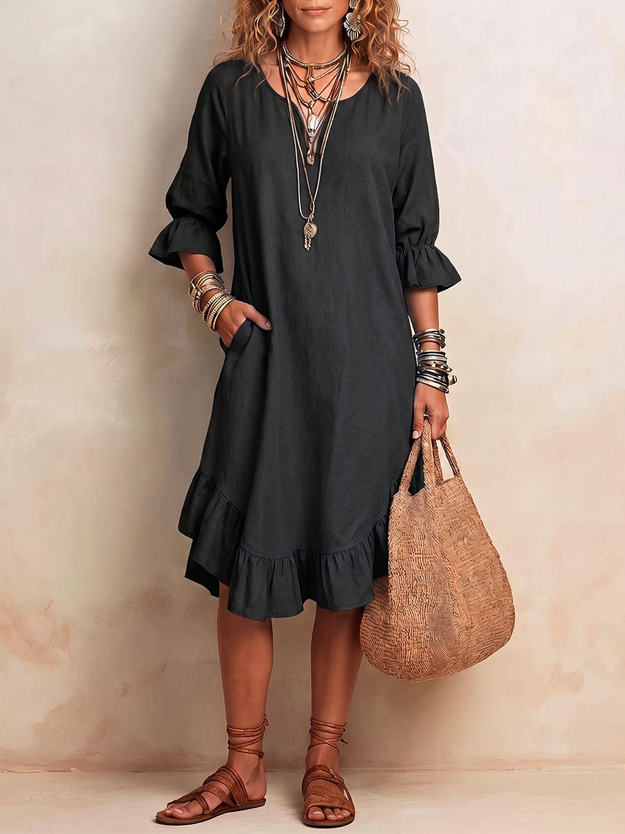 Women's Solid Color V-Neck 3/4 Sleeve Casual Loose Cotton-Linen Dress