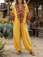Boho Ethnic Print Tie Front Wide Leg Jogger Jumpsuit