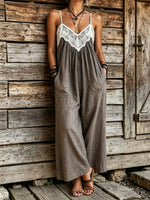 Womens White Lace V Neck Spaghetti Strap Wide Leg Linen Jumpsuit With Pockets