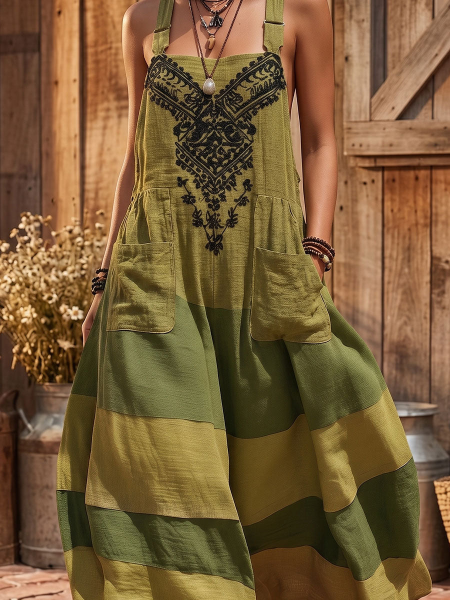 Vintage Art Comfortable Summer Fabrics Sleeveless Patchwork Cotton Linen Pattern Print Jumpsuit