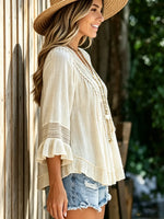 Women Solid Crochet Lace Tassel V-Neck Loose Babydoll Top