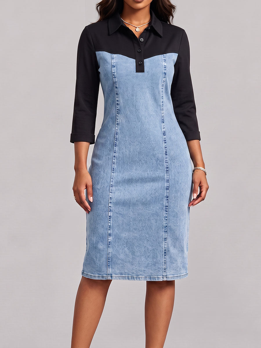 Women's Casual Loose-fit Cotton-linen Denim Dress With Shirt Collar, 3/4 Sleeves, And Color-block Paneling