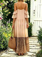 Women Blush Leopard Print Patchwork Cold Shoulder Cami Maxi Dress