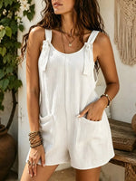 Women's Solid Tie Strap Big Pocket Sleeveless Linen Short Overalls