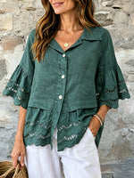 Women Solid Eyelet Ruffle Collar 3/4 Sleeve Linen Blouse