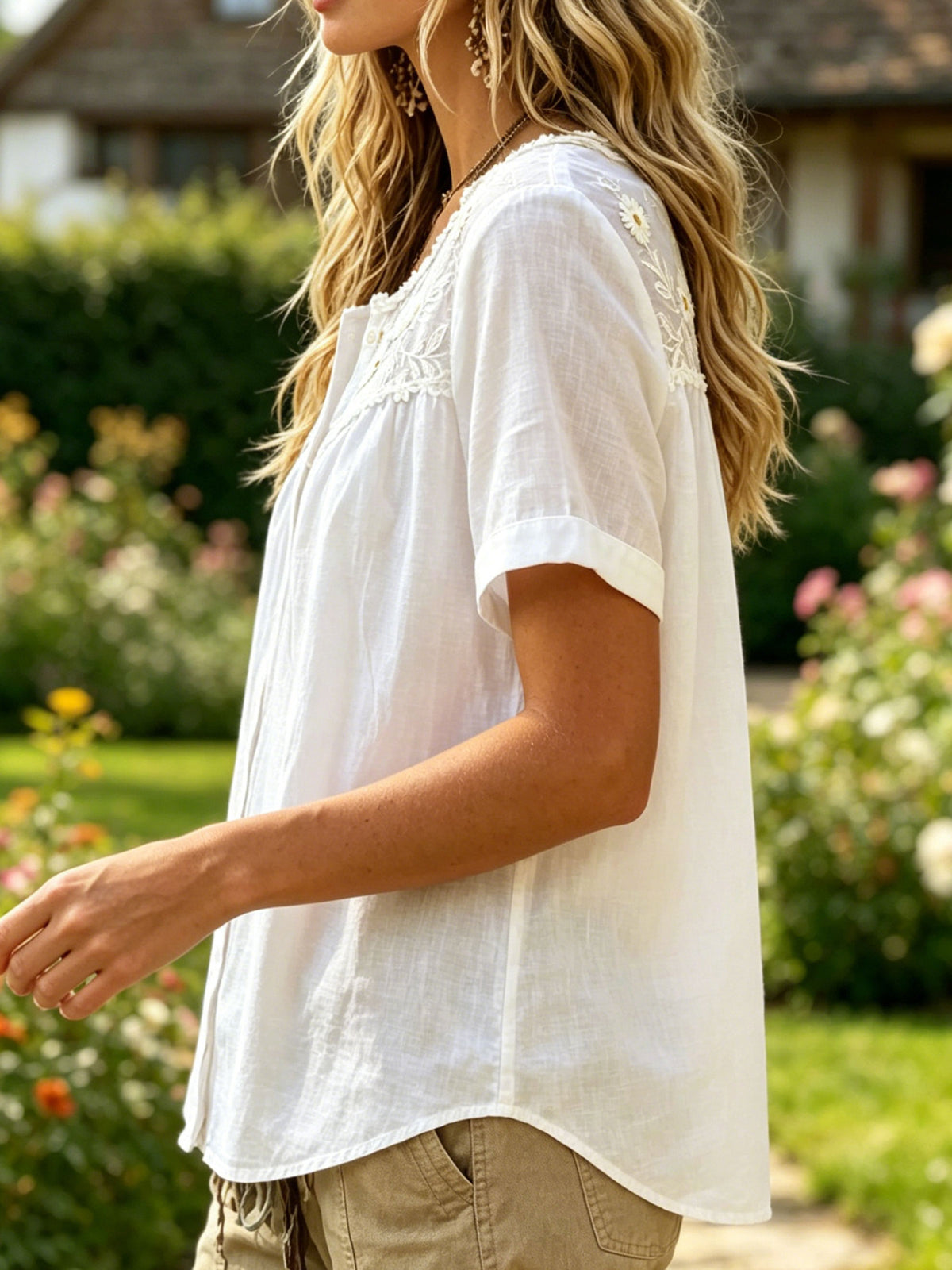 Women’s Floral Lace V Neck Short Sleeve Button Down Casual Blouse