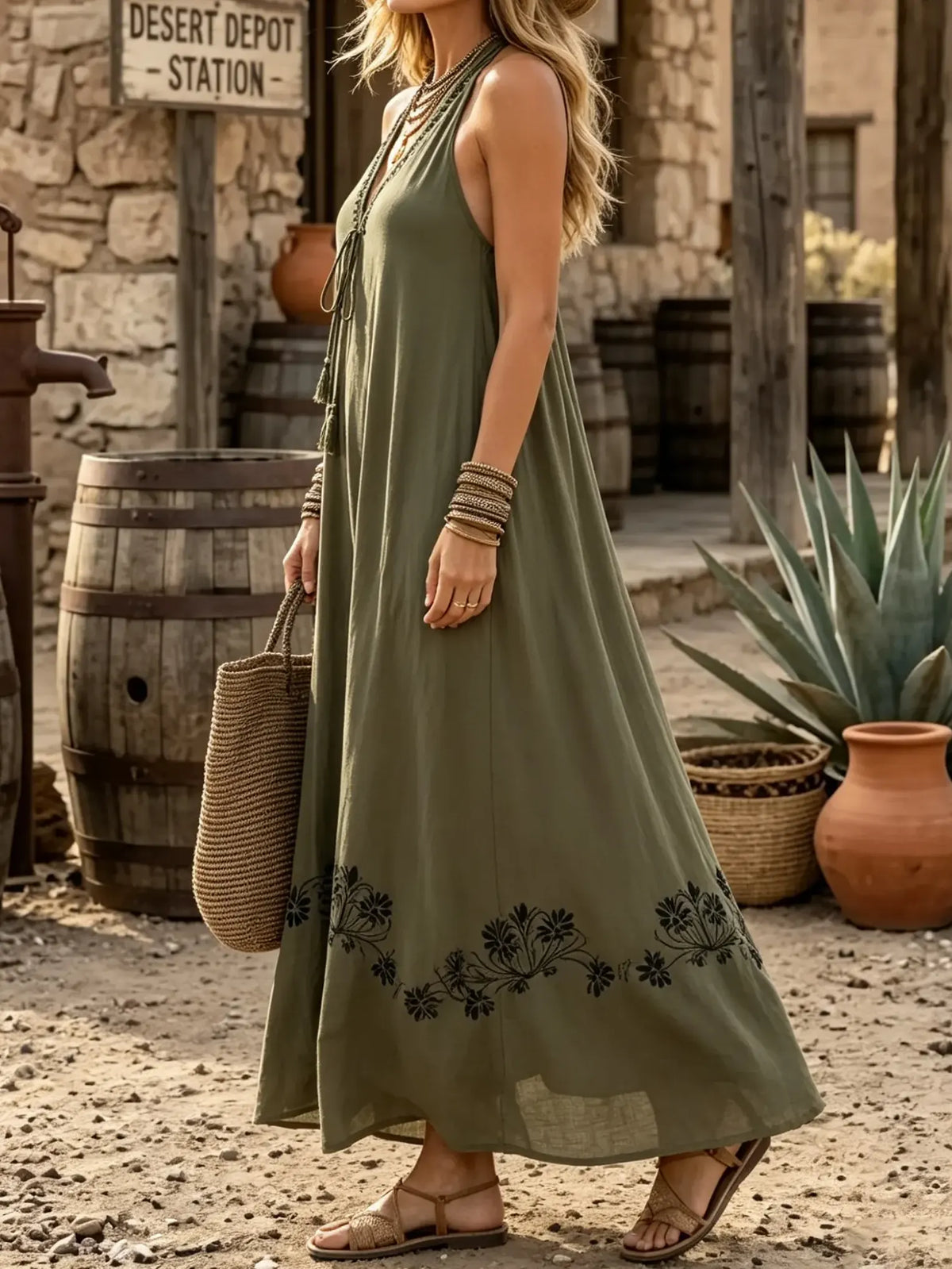 Desert Oasis Embroidered Halter Maxi Dress