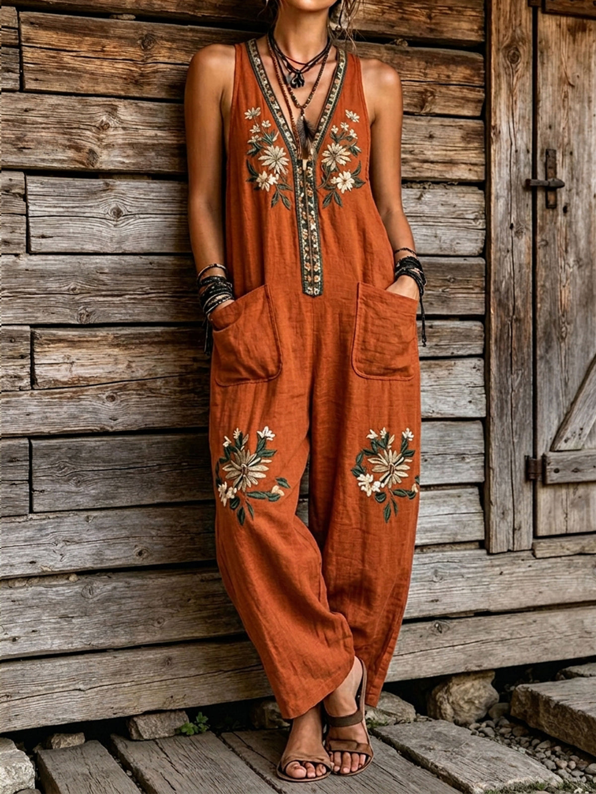 Women's Boho Floral Embroidered Jumpsuit – Sleeveless V-Neck Cotton Linen Romper with Pockets