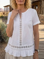 Women's Solid Lace Ruffle Hem Short Sleeve Linen Top