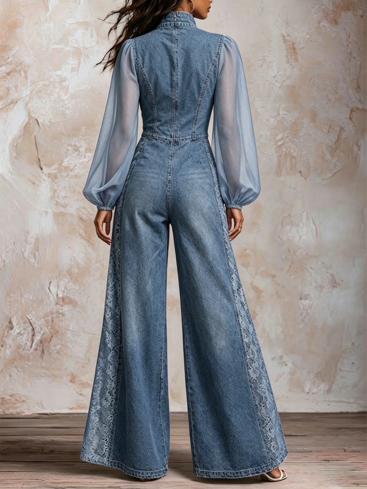 Stand Collar Front Zip Sheer Chiffon Puff Long Sleeve Side Lace Splice Washed Denim Wide Leg Jumpsuit