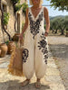 Vintage Rose Print Sleeveless V Neck Baggy Jogger Jumpsuit