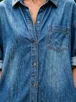 Women's Oversized Roll Sleeve Denim Shirt Maxi Dress, Button Front Long Dress with Side Pockets