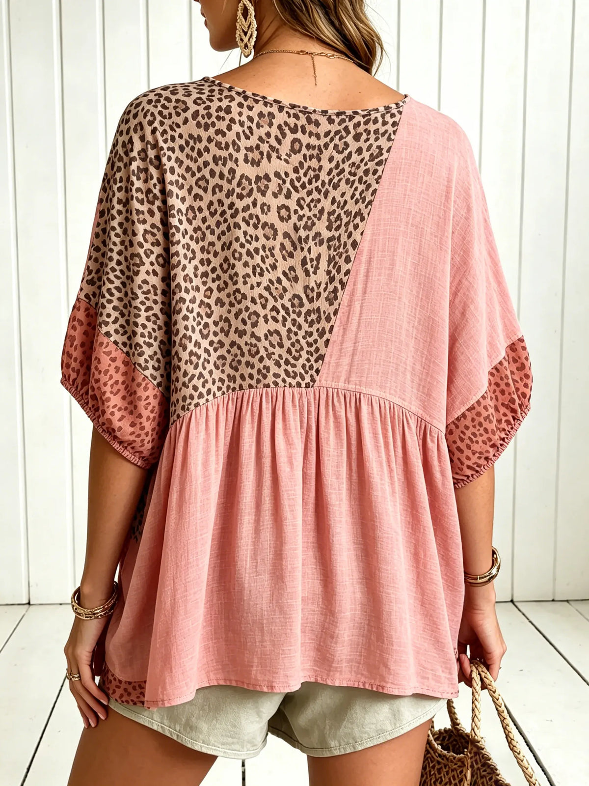 Women Pink Leopard Color Block Drawstring Hem Short Sleeve Top