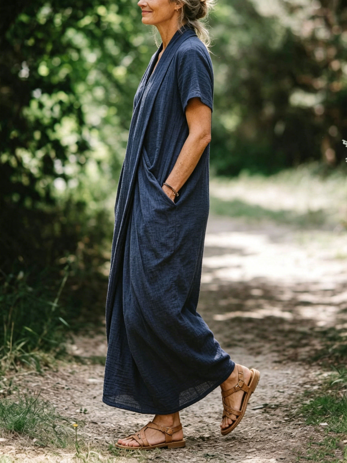 Women Vintage Loose Textured Linen Wrap Long Dress Short Sleeve Pocket Casual Dress