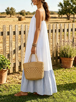 Women Solid Base Thin Vertical Stripe Patch Tiered Slip Maxi Dress