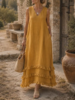 Women's Solid Textured V-Neck Multi Ruffle Hem Sleeveless Beach Maxi Dress