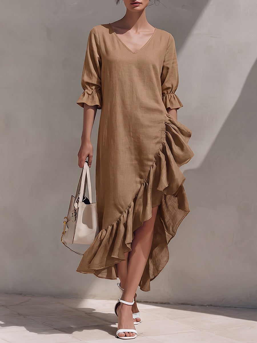 Women's Solid-color V-neck 3/4 Sleeve Casual Loose Cotton-linen Dress With Ruffle Details