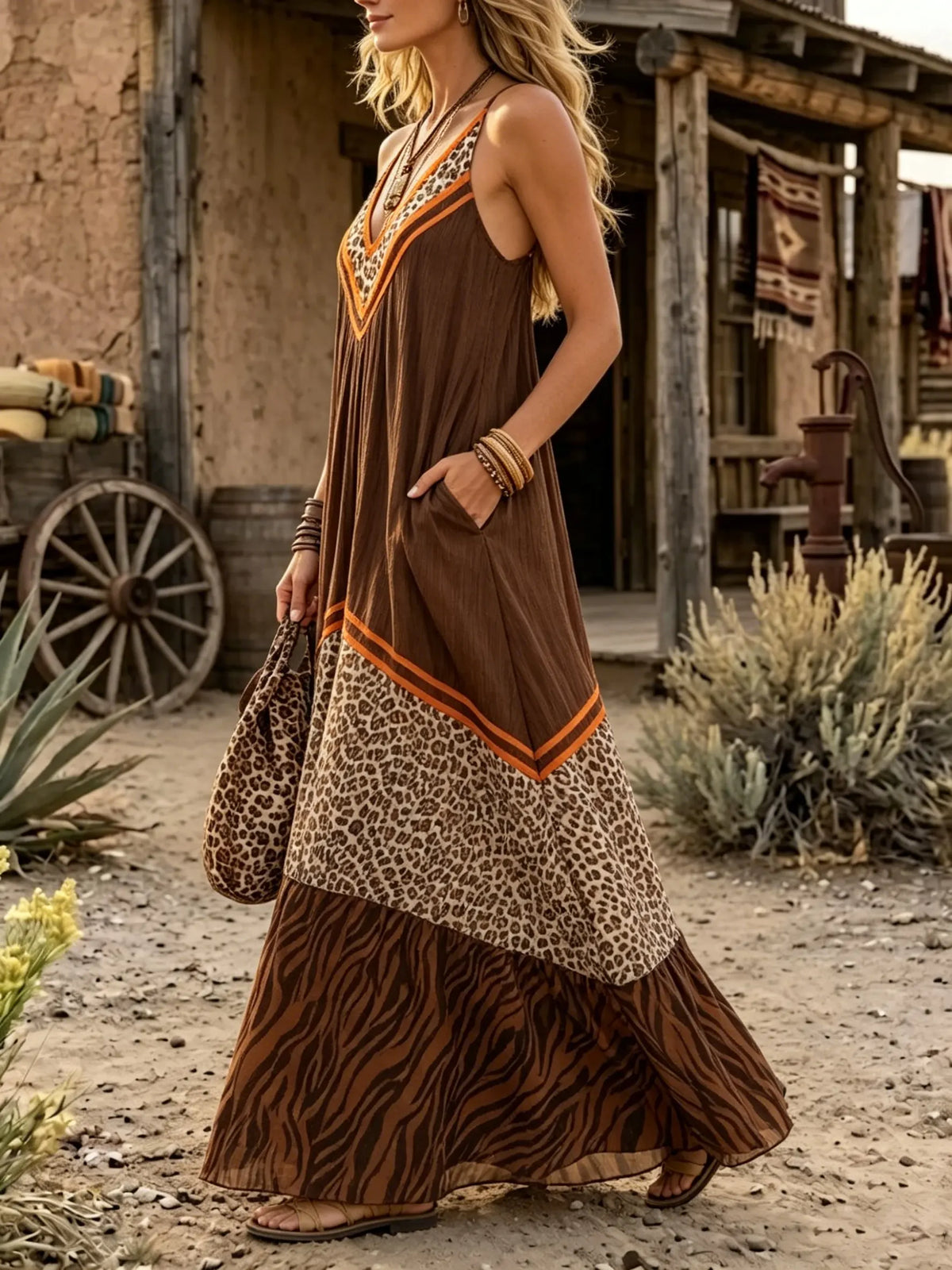 Bohemian Safari Mixed Print Halter Dress