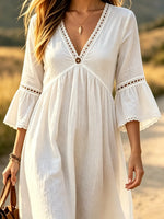Women Solid Eyelet Lace V Neck Ruffle 3/4 Sleeve Tiered Maxi Dress