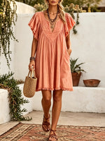 Women Solid Textured V Neck Flutter Sleeve Fringe Hem Mini Vacation Dress