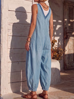 Vintage Art Comfortable Summer Fabrics Sleeveless Patchwork Soft Denim Jumpsuit