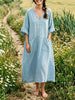 Women's Solid Simple Double Pocket V Neck Oversized Linen Midi Dress