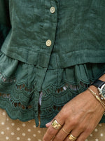 Women’s Lace Eyelet Flare Sleeve Collared Cotton Linen Button Down Shirt