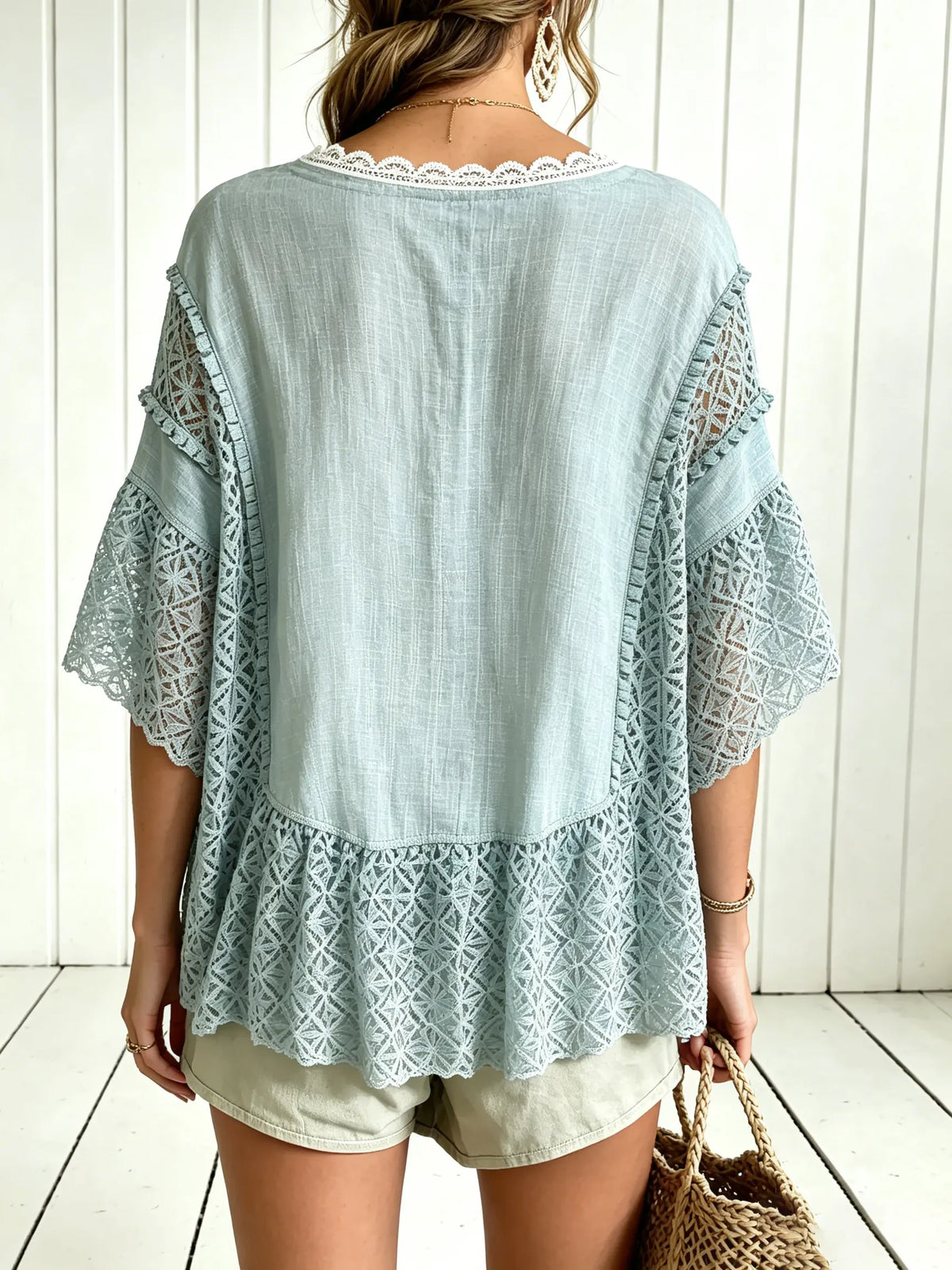 Women Solid Eyelet Lace Panel V Neck Loose Shirt