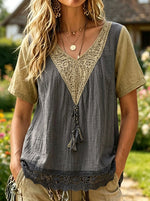 Women’s Color Block Crochet Lace V Neck Tassel Short Sleeve Boho Blouse