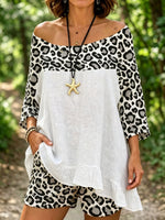 Womens Leopard Print Off Shoulder Ruffle Hem Two Piece Short Set