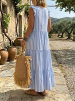 Women's Blue and White Striped Ruffled Layered Dress