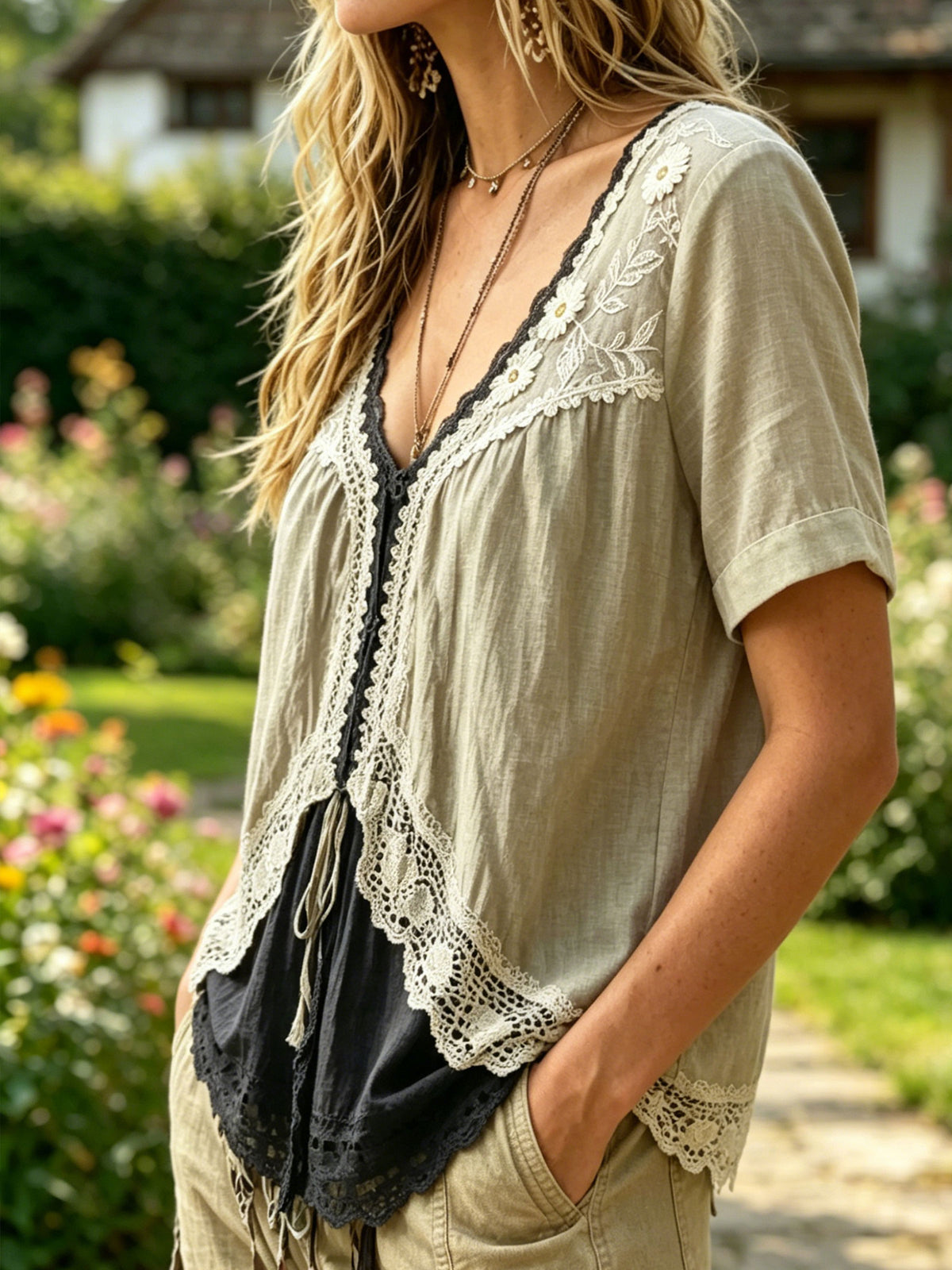 Women’s Floral Lace V Neck Short Sleeve Boho Blouse
